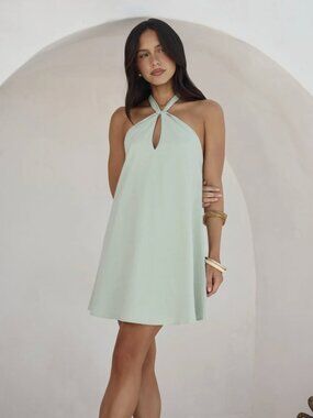Fortunate One Sage Green Halter Linen Mini Dress NWT - Size XS